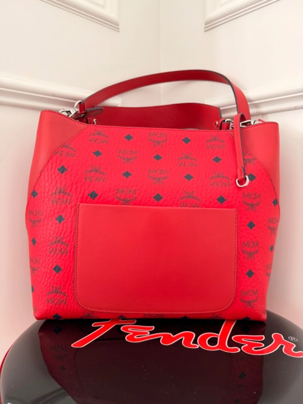 Authentic MCM Red Visetos Hobo Shoulder Bag Adjustable Strap Large Tote Purse